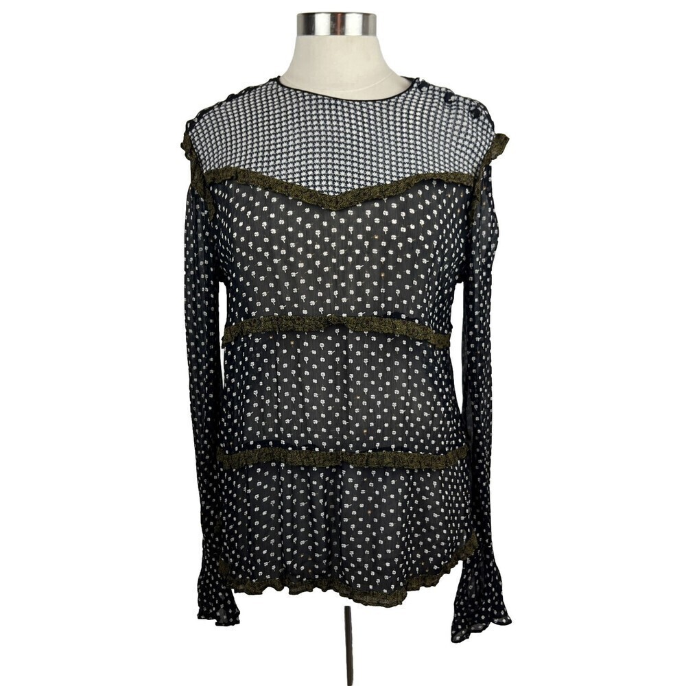 Scotch & Soda Blouse L Womens Black Floral Sheer Long Sleeves Ruffles Maison